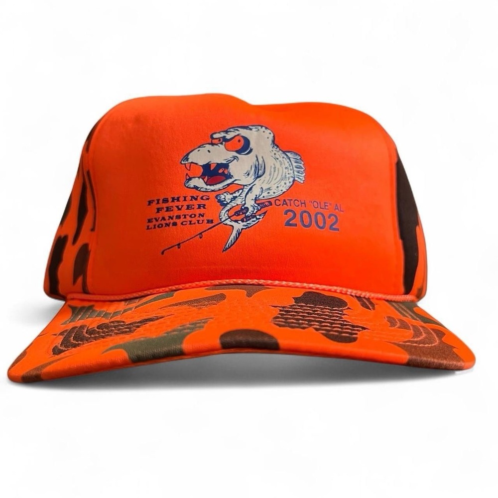 2002 Fishing Orange Camp Puffy SnapBack Y2K Hunting Outdoors Hiking Streetwear